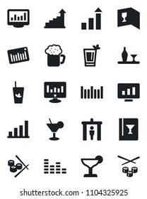 Set of vector isolated black icon - security gate vector, growth statistic, monitor, barcode, equalizer, statistics, bar graph, alcohol, wine card, cocktail, phyto, beer, sushi