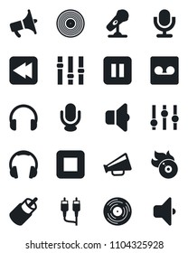 Set of vector isolated black icon - vinyl vector, flame disk, microphone, loudspeaker, settings, headphones, pause button, stop, rewind, rca, record, sound