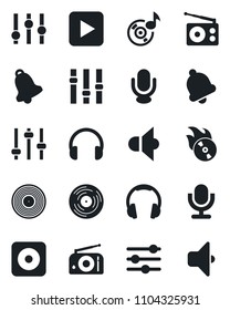 Set of vector isolated black icon - vinyl vector, flame disk, radio, speaker, settings, microphone, headphones, play button, rec, tuning, bell, music, sound