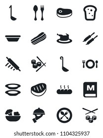 Set of vector isolated black icon - spoon and fork vector, cafe, menu, salad, plates, bacon, waiter, bread, chicken, steak, kebab, ladle, bowl, rolling pin, sushi