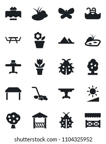 Set of vector isolated black icon - flower in pot vector, lawn mower, butterfly, lady bug, pond, picnic table, brightness, pool, fruit tree, mountains, restaurant, alcove