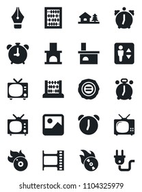 Set of vector isolated black icon - elevator vector, alarm clock, tv, abacus, stamp, fireplace, film frame, flame disk, gallery, ink pen, house with tree, power plug