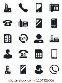 Set of vector isolated black icon - mobile phone vector, office, 24 hours, support, cell, radio, call, sim