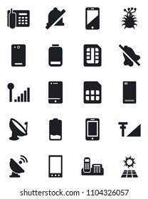 Set of vector isolated black icon - mobile phone vector, virus, satellite antenna, cell, low battery, back, sim, mute, cellular signal, office, sun panel