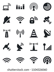 Set of vector isolated black icon - antenna vector, wireless notebook, border cone, radar, satellite, equalizer, mute, cellular signal, lock