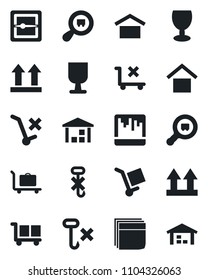 Set of vector isolated black icon - baggage trolley vector, fragile, cargo, warehouse storage, up side sign, no, hook, search, scanner, blank box
