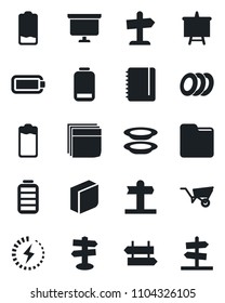 Set of vector isolated black icon - signpost vector, notepad, presentation board, wheelbarrow, battery, low, folder, charge, blank box, plates, guidepost
