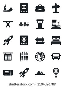 Set of vector isolated black icon - airport tower vector, bus, signpost, ticket, passport, baggage larry, seat map, flight table, building, case, picnic, sea shipping, mountains, bedroom, rocket