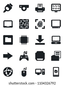 Set of vector isolated black icon - right arrow vector, mouse, notebook pc, monitor pulse, gamepad, tv, laptop, hdmi, network, folder, download, document, printer, chip, fingerprint, web camera