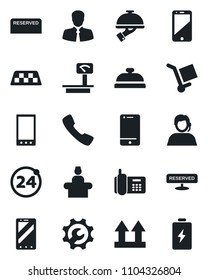 Set Of Vector Isolated Black Icon - Taxi Vector, 24 Around, Reception, Mobile Phone, Office, Support, Client, Cargo, Up Side Sign, Heavy Scales, Cell, Call, Root Setup, Reserved, Waiter, Battery