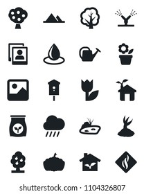 Set of vector isolated black icon - flower in pot vector, tree, watering can, sproute, water drop, rain, pumpkin, bird house, fertilizer, tulip, gallery, photo, pond, fruit, mountains, eco