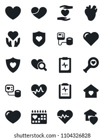 Set of vector isolated black icon - heart vector, pulse, blood pressure, diagnostic, shield, hand, real, medical calendar, clipboard, sweet home
