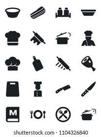 Set of vector isolated black icon - cook vector, cafe, hat, menu, bacon, salt and pepper, ham, bowl, rolling pin, cutting board, knife, steaming pan