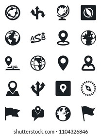 Set of vector isolated black icon - globe vector, route, navigation, earth, pin, mobile tracking, network, place tag, compass, flag