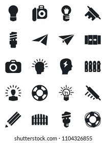 Set of vector isolated black icon - automatic door vector, brainstorm, bulb, camera, pencil, fence, rolling pin, energy saving, shining head, idea, paper plane, crisis management