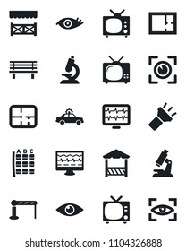 Set of vector isolated black icon - barrier vector, tv, alarm car, seat map, bench, monitor pulse, microscope, eye, torch, plan, alcove, scan