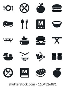 Set of vector isolated black icon - spoon and fork vector, picnic table, cafe, menu, salad, salt pepper, steak, hamburger, bowl, sushi, apple fruit