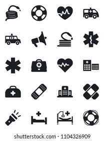 Set of vector isolated black icon - hose vector, heart pulse, doctor case, patch, ambulance star, car, hospital bed, loudspeaker, torch, crisis management