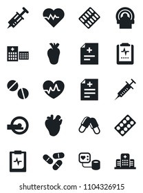 Set of vector isolated black icon - heart pulse vector, diagnosis, syringe, blood pressure, pills, blister, tomography, real, clipboard, hospital
