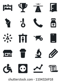 Set of vector isolated black icon - runway vector, security gate, disabled, hierarchy, pencil, wheelbarrow, microscope, pills bottle, joint, store, rack, phone back, call, point graph, socket, door