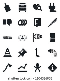 Set of vector isolated black icon - airport bus vector, baby, border cone, wind, watering, axe, heart diagnostic, finger down, drawing pin, hr, point graph, archive box, pen, fridge, plates, ladle