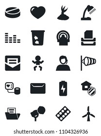 Set of vector isolated black icon - trash bin vector, baby, wind, sproute, blood pressure, pills, blister, tomography, support, microphone, equalizer, heart, mail, charge, document folder, desk lamp