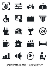 Set of vector isolated black icon - 24 around vector, case, pennant, house, bike, disabled, cash, speaker, tuning, coffee, bar graph, mail, bedroom, mailbox, cocktail, omelette, power plug