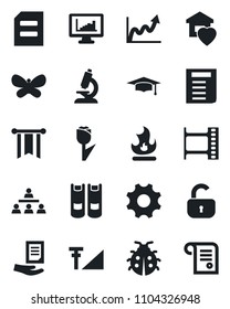 Set of vector isolated black icon - book vector, graduate, document, butterfly, lady bug, fire, microscope, tulip, film frame, settings, cellular signal, monitor statistics, hierarchy, lock, pennon