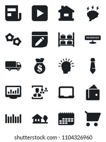 Set of vector isolated black icon - luggage storage vector, gear, notebook pc, tie, brainstorm, car delivery, term, barcode, play button, notes, monitor statistics, news, hr, house, with tree, cart