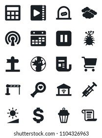 Set of vector isolated black icon - barrier vector, ticket office, clouds, dollar sign, syringe, heart diagnostic, virus, signpost, earth, news, pause button, calculator, calendar, brightness, video
