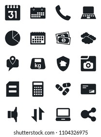 Set of vector isolated black icon - clouds vector, notebook pc, document, pills, cash, mobile tracking, heavy, speaker, laptop, mail, call, calendar, data exchange, photo gallery, pie graph