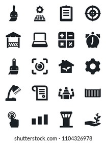 Set of vector isolated black icon - airport tower vector, calculator, cargo container, clipboard, sorting, touch screen, settings, themes, alarm, eye id, desk lamp, target, meeting, notebook pc