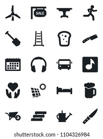 Set of vector isolated black icon - airport bus vector, bed, job, ladder, watering can, wheelbarrow, run, heart hand, headphones, music, calendar, paper tray, sun panel, windmill, sale, table, beer