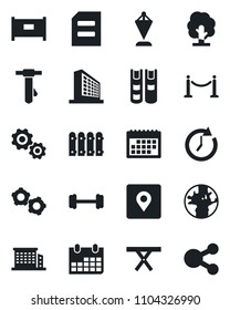 Set of vector isolated black icon - fence vector, gear, office building, pennant, tie, document, calendar, tree, picnic table, barbell, earth, place tag, book, clock, social media