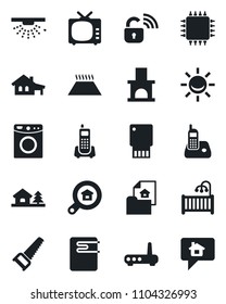 Set of vector isolated black icon - saw vector, fireplace, office phone, tv, radio, house with garage, tree, estate document, search, children room, chip, wireless lock, water heater, router, washer