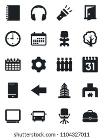 Set of vector isolated black icon - airport bus vector, left arrow, office chair, calendar, tree, tv, cell phone, headphones, settings, torch, copybook, clock, building, fireplace, radiator, door