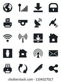 Set of vector isolated black icon - antenna vector, male, mail, pen, printer, house, earth, satellite, update, download, lock, cellular signal, wireless, web camera, social media
