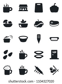 Set of vector isolated black icon - hot cup vector, plant label, pumpkin, seeds, diet, coffee, beer, salad, plates, cafe building, vip zone, steak, dog, bowl, rolling pin, cutting board, sushi