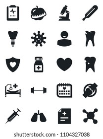 Set of vector isolated black icon - heart vector, diagnosis, syringe, thermometer, microscope, pills bottle, barbell, shield, hospital bed, lungs, caries, implant, joint, medical calendar, diet