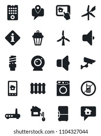 Set of vector isolated black icon - no mobile vector, tracking, home control, remote, router, web camera, app, washer, radiator, energy saving bulb, outdoor lamp, sound, fridge, windmill, message
