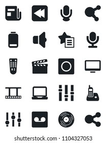 Set of vector isolated black icon - clapboard vector, film frame, vinyl, news, settings, microphone, remote control, monitor, laptop pc, radio phone, share, favorites list, low battery, rewind