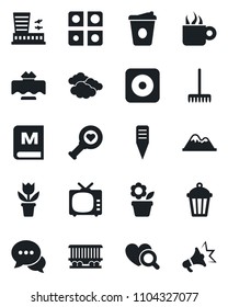 Set of vector isolated black icon - clouds vector, airport building, coffee, flower in pot, rake, plant label, garden light, heart diagnostic, railroad, tv, dialog, rec button, application, menu