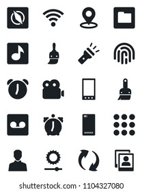 Set of vector isolated black icon - mobile vector, phone back, menu, update, themes, user, alarm, record, folder, wireless, torch, brightness, place tag, compass, fingerprint id, music, video