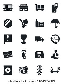 Set of vector isolated black icon - railroad vector, important flag, store, cash, traffic light, office phone, 24 hours, client, mobile tracking, car delivery, fragile, cargo, umbrella, no hook