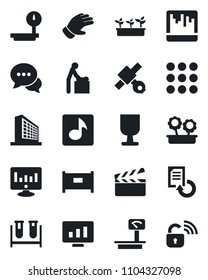 Set of vector isolated black icon - fence vector, baby room, office building, statistic monitor, document reload, glove, seedling, blood test vial, satellite, fragile, heavy scales, clapboard, menu