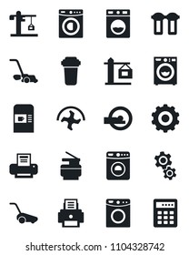 Set of vector isolated black icon - coffee machine vector, washer, gear, ripper, lawn mower, tomography, printer, copier, crane, water filter, combination lock