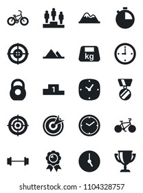 Set of vector isolated black icon - pedestal vector, medal, barbell, bike, heavy, clock, stopwatch, target, mountains, award cup