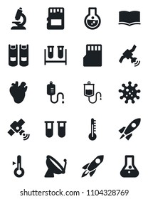 Set of vector isolated black icon - satellite antenna vector, book, blood test vial, dropper, microscope, real heart, virus, sd, thermometer, rocket, flask