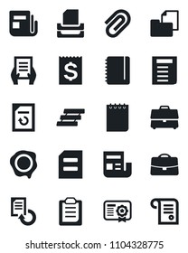 Set of vector isolated black icon - notepad vector, document, reload, stamp, receipt, folder, news, clipboard, case, paper clip, tray, certificate, contract