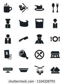 Set of vector isolated black icon - hot cup vector, spoon and fork, waiter, cook, cafe, reserved, drink, building, restaurant receipt, chicken, ham, bowl, knife, sushi, serviette